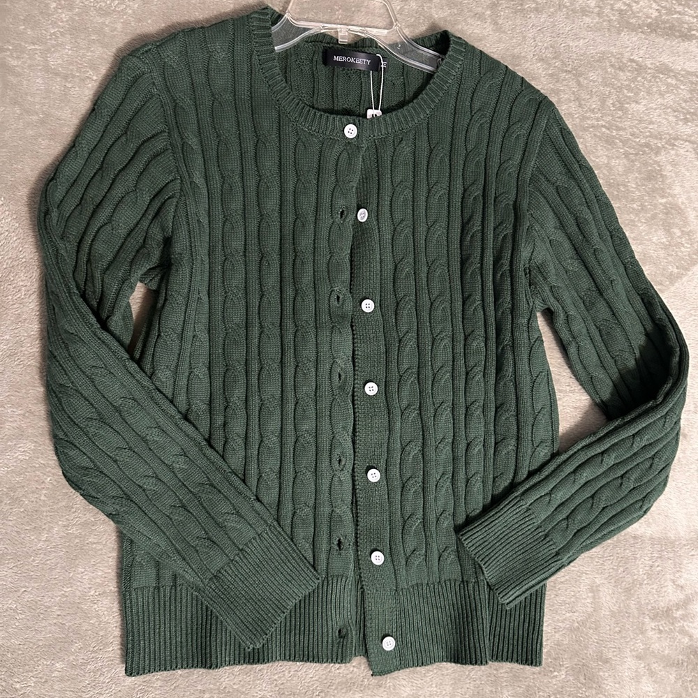 Women’s Cable Knit Open Front Cardigan Sweater, Green, Size Medium, NWT - Picture 5 of 9